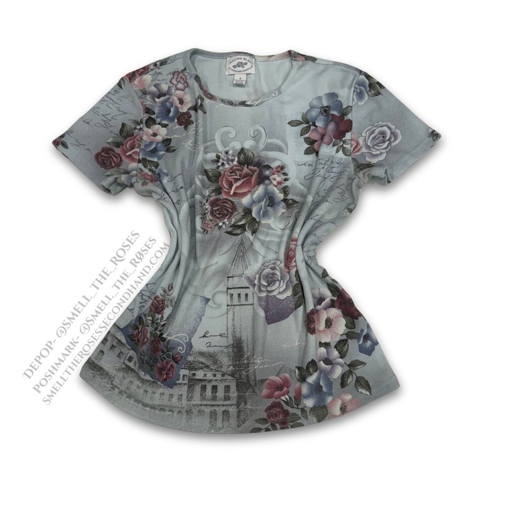 Vintage Y2K Fitted Floral Tee | Women's Medium | Parisian Inspired T-Shirt
